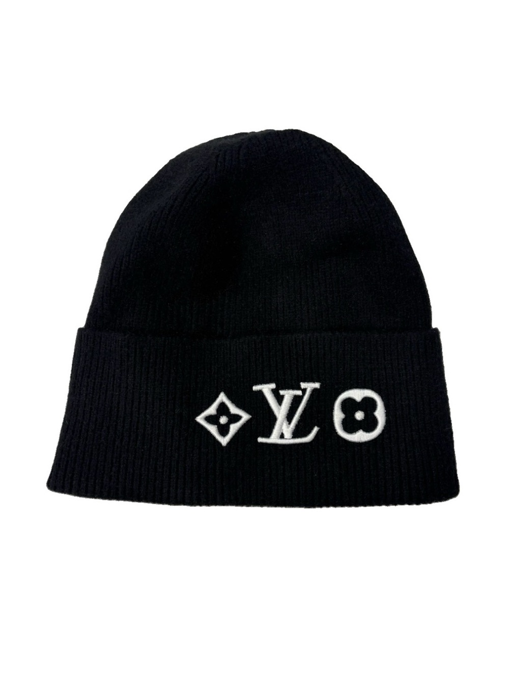 Louis Vuitton Black Beanie with White LV Logo Embroidery